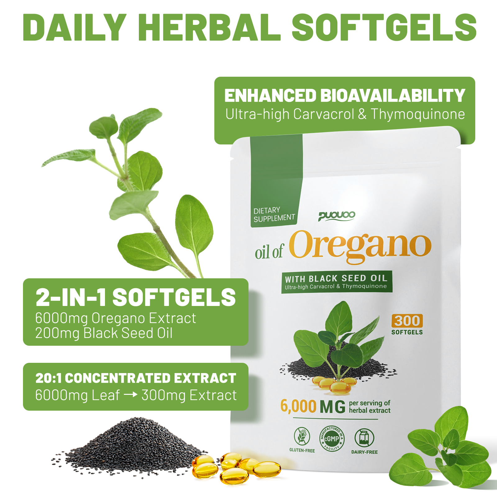 2 in 1 Oil of Oregano Capsules - Oregano Oil with Black Seed Oil, Herbal Extracted Supplement with Carvacrol | 300 Softgels - 150 Days Supply