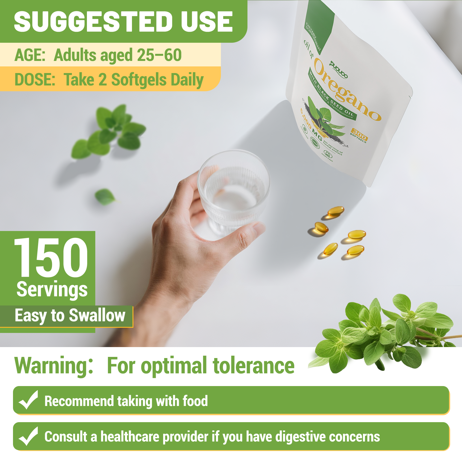 2 in 1 Oil of Oregano Capsules - Oregano Oil with Black Seed Oil, Herbal Extracted Supplement with Carvacrol | 300 Softgels - 150 Days Supply